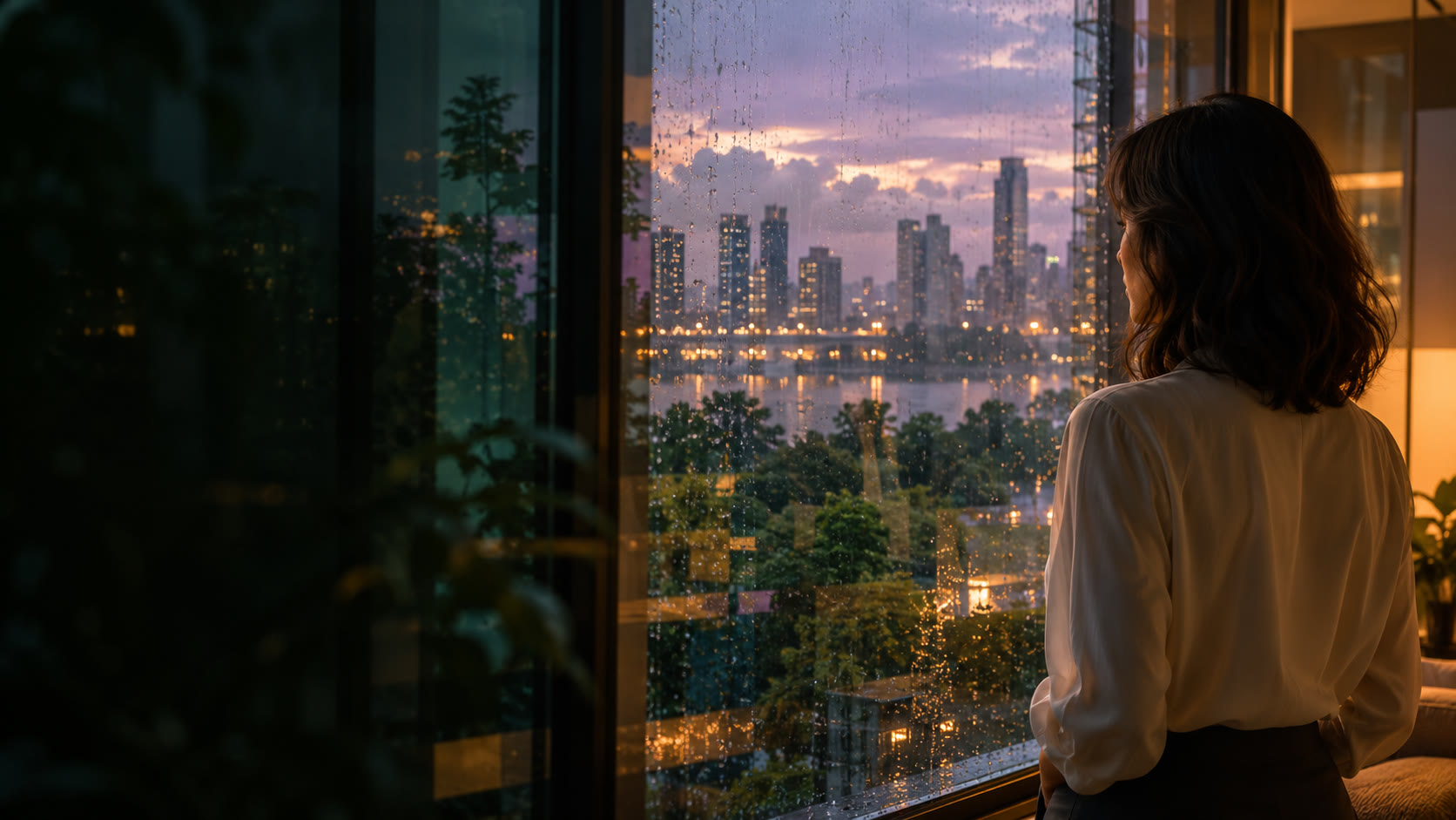 Conceptual artwork of a woman pausing beside a rain-speckled window.