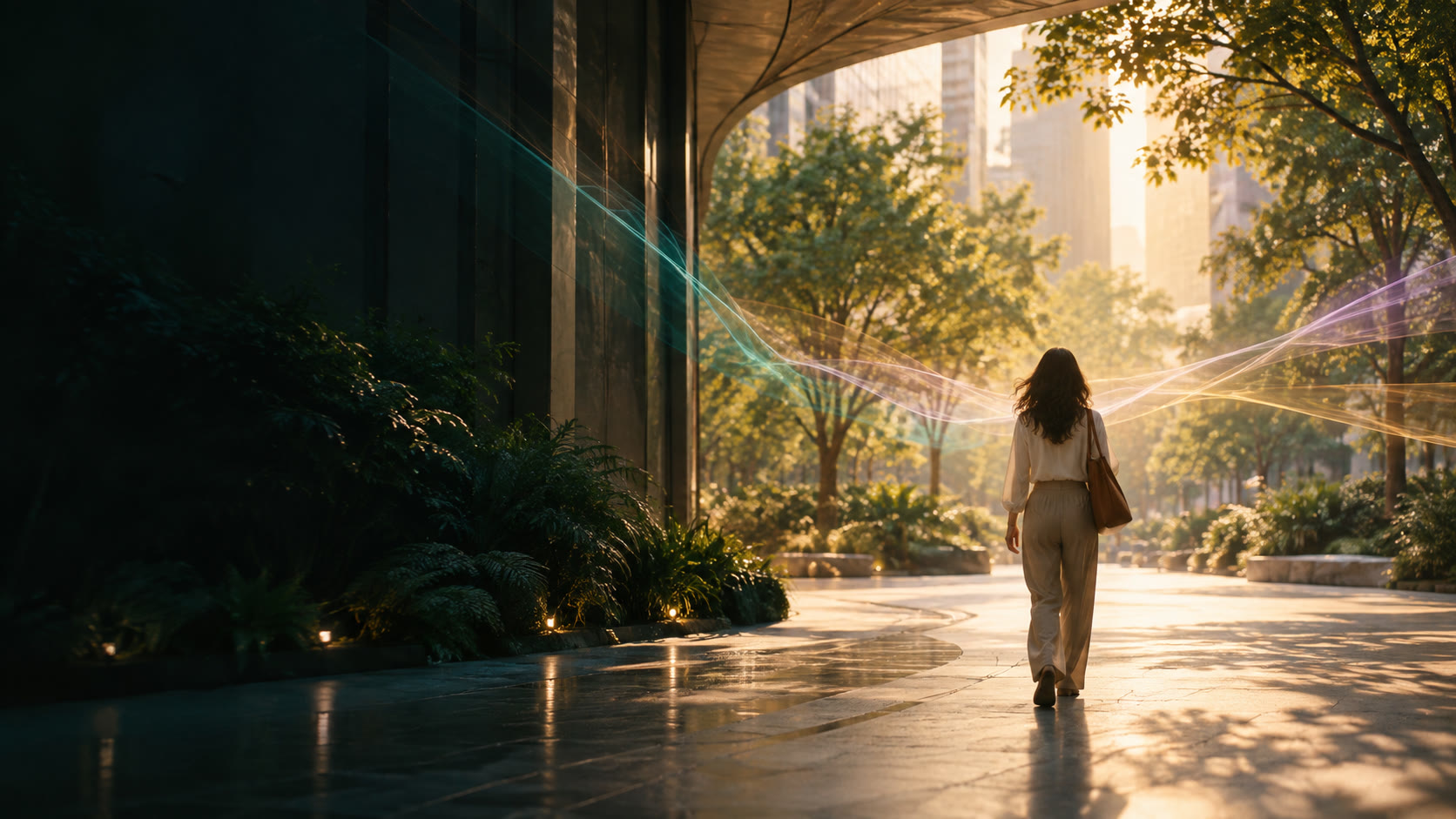 Conceptual artwork of a woman walking through a city toward trees, surrounded by fine colored threads.