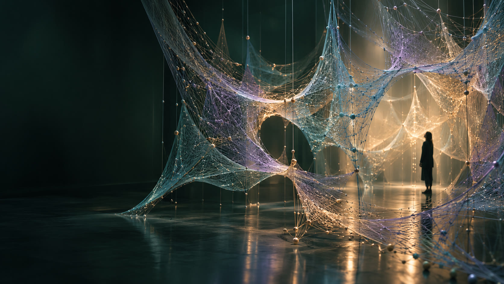 A conceptual three-dimensional woven network with a person beyond it.